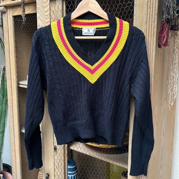 Vintage Limited Express Cable Knit Striped Trim Cropped V Neck Sweater - Picture 2 of 10